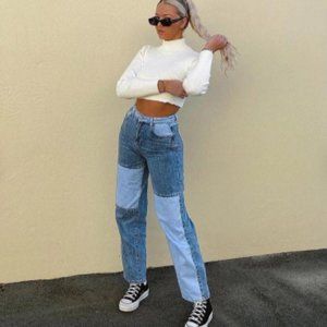 High waist patchwork straight-leg jeans-Y2K
